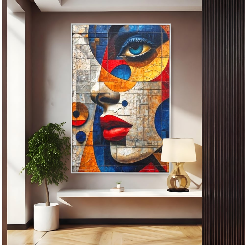Tablou canvas cu tablou canvas cu portret abstract in stil mozaic, in rama de aluminiu argintiu
